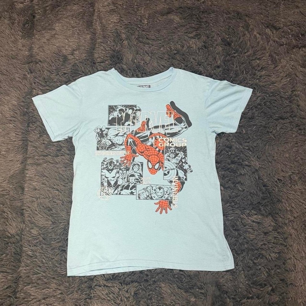 Marvel Comics Group Spider-Man Avengers Graphic T-Shirt Light Blue Small